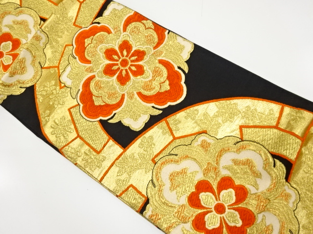 JAPANESE KIMONO / ANTIQUE FUKURO OBI / SILK / WOVEN WHEEL & FLORAL CREST